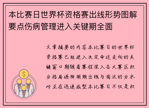 本比赛日世界杯资格赛出线形势图解要点伤病管理进入关键期全面 本比赛日世界杯资格赛出线形势图解要点伤病管理进入关键期全面