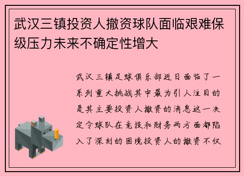 武汉三镇投资人撤资球队面临艰难保级压力未来不确定性增大 武汉三镇投资人撤资球队面临艰难保级压力未来不确定性增大