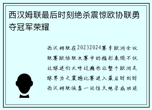 西汉姆联最后时刻绝杀震惊欧协联勇夺冠军荣耀 西汉姆联最后时刻绝杀震惊欧协联勇夺冠军荣耀